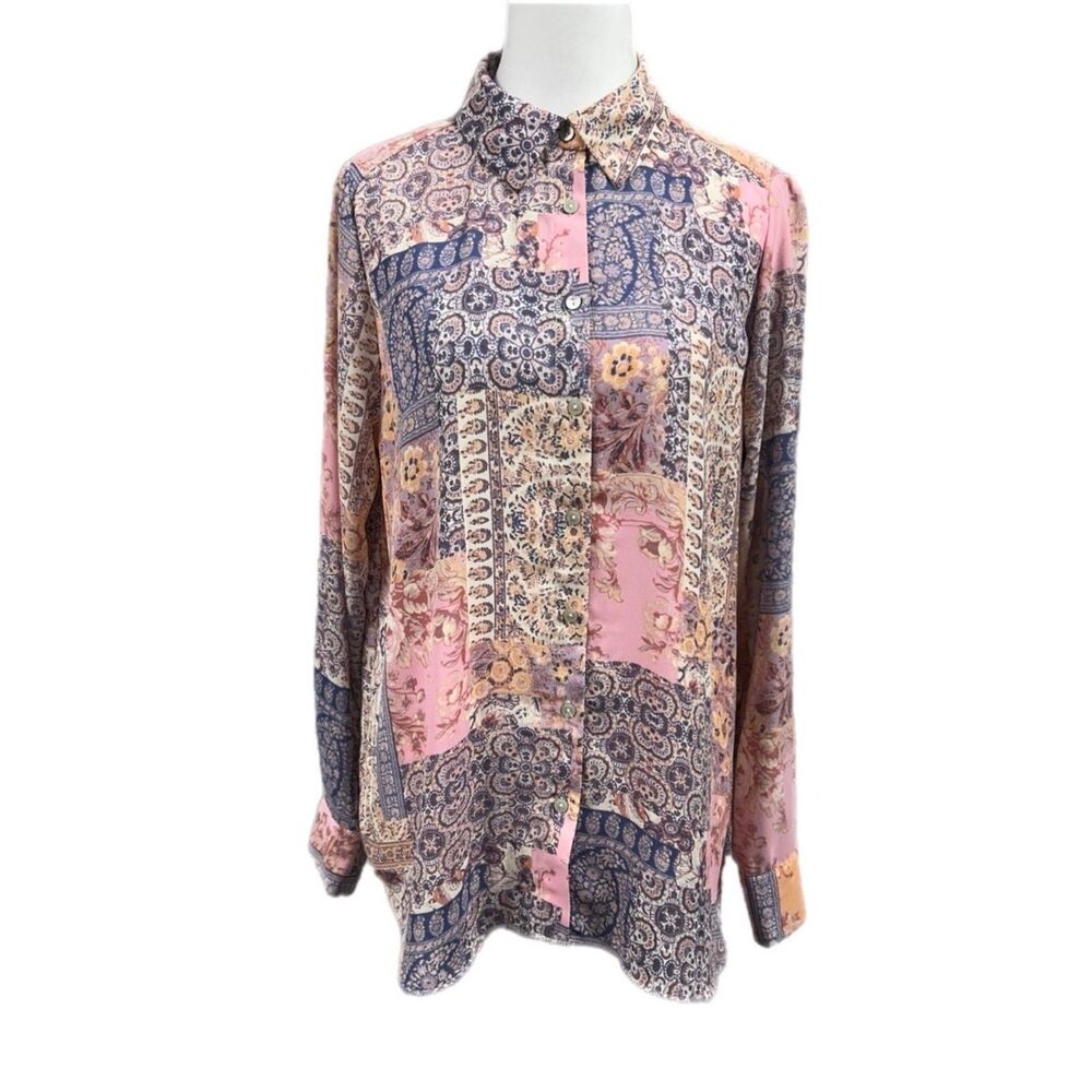 Rose + Olive Patchwork Button Up Long Sleeve Blouse Sz M